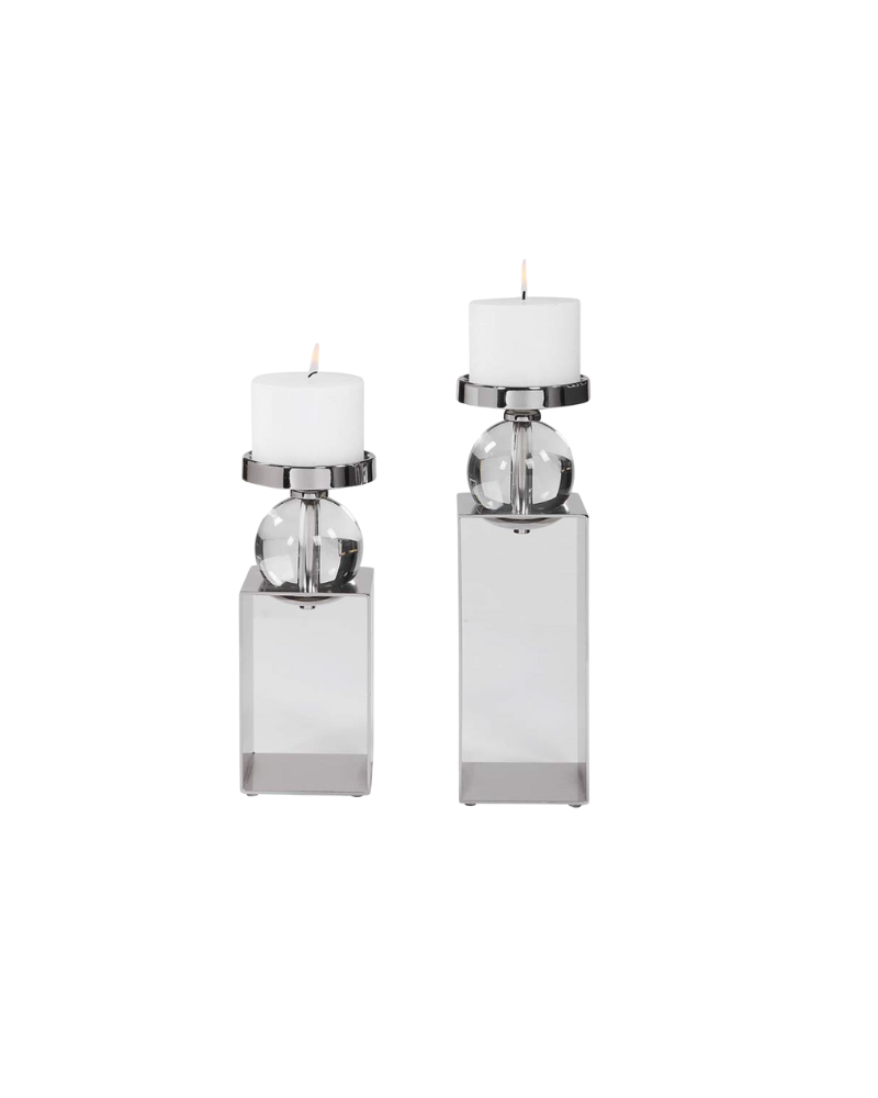 Lucian Polished Nickel Pillar Candle Holders Set of 2 - Silver