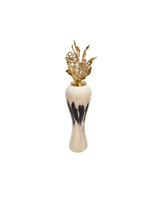 Metal Vase with Leaf Lid - White/Gold
