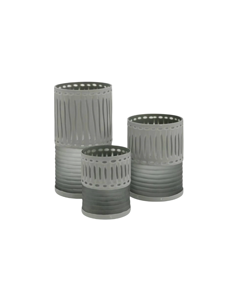 SET OF 3 Spearmint  Engraved Glass Vases  - Green and White