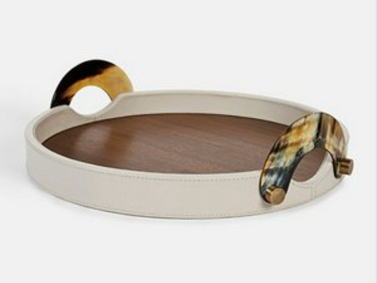 Round Leather and Wood Tray - White