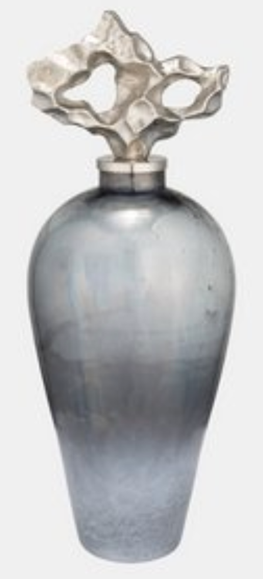 Textured Vase- Blue with Gray and Silver Metal - Large