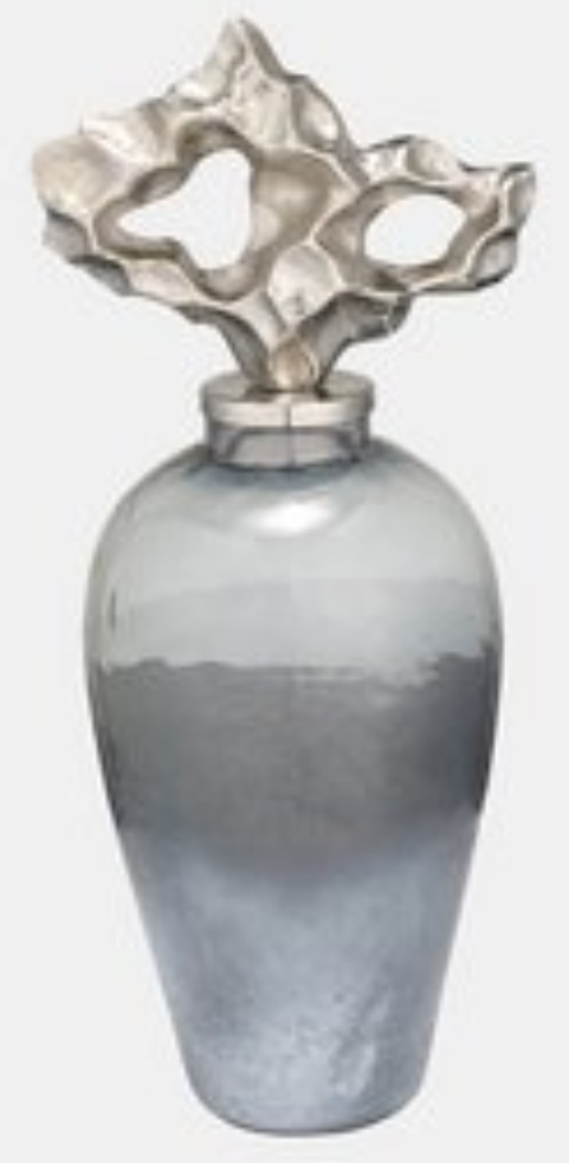 Textured Blue Vase with Gray/Silver Metal